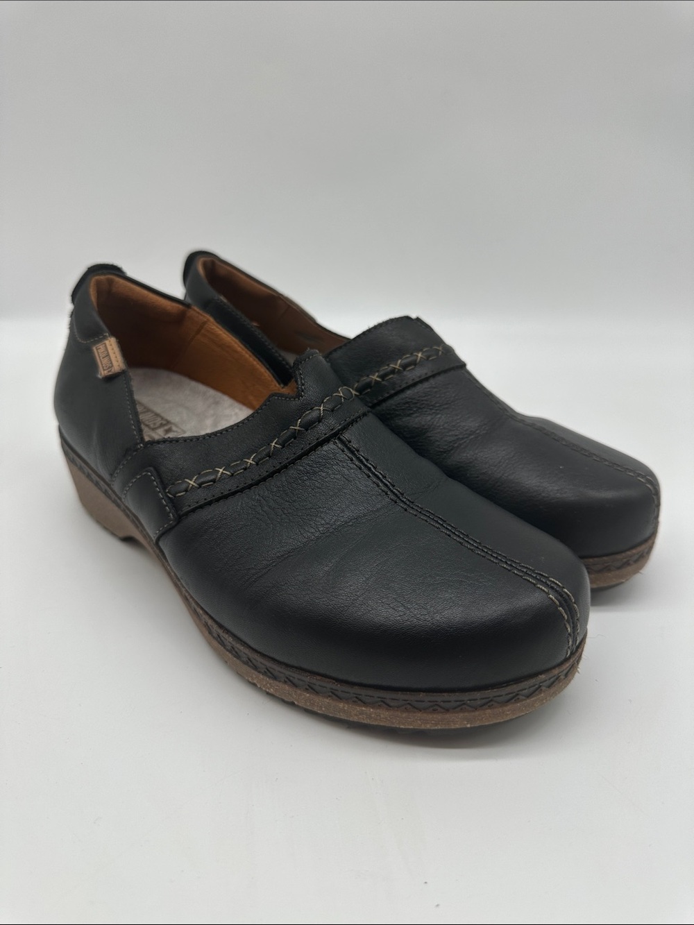 PIKOLINOS Black Leather Slip-On Clog with Stitch Detail